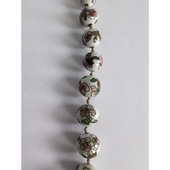 VTG Chinese White Pink Cloisonne Paint Style Knotted Glass Bead 27" Necklace - Picture 8 of 14
